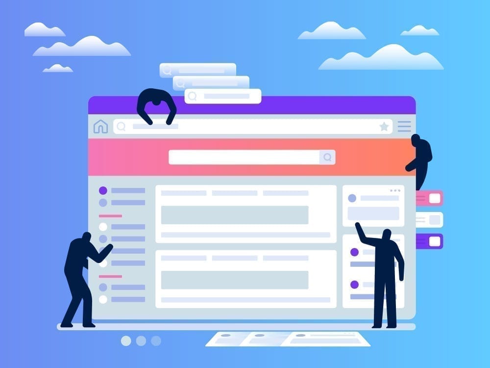 Illustration of three people interacting with a large web browser interface, showcasing advanced website layout design techniques with search bars, tabs, and text boxes against a blue sky background with clouds.