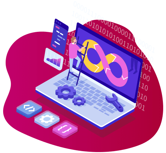 Illustration of a person on a ladder interacting with a large laptop displaying DevOps symbols, amidst code and technical tools, representing software development and operations integration. Perfect for marketing collateral to showcase seamless collaboration in tech environments.