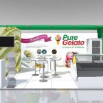 A trade show booth showcasing the "Pure Gelato" brand features images of delicious gelato, a cozy seating area, and promotional banners celebrating 25 years of pure, natural flavors.