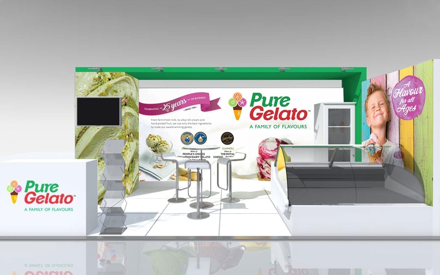 A trade show booth showcasing the "Pure Gelato" brand features images of delicious gelato, a cozy seating area, and promotional banners celebrating 25 years of pure, natural flavors.