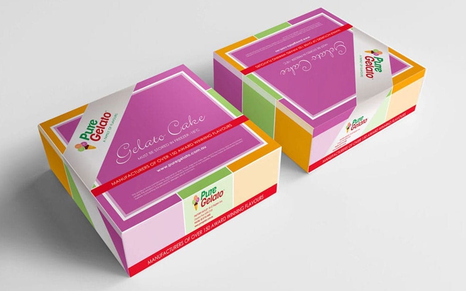 Two boxes of Pure Gelato Gelato Cake with pink tops and colorful sides rest on a white surface. Each package displays various details about the product and company.