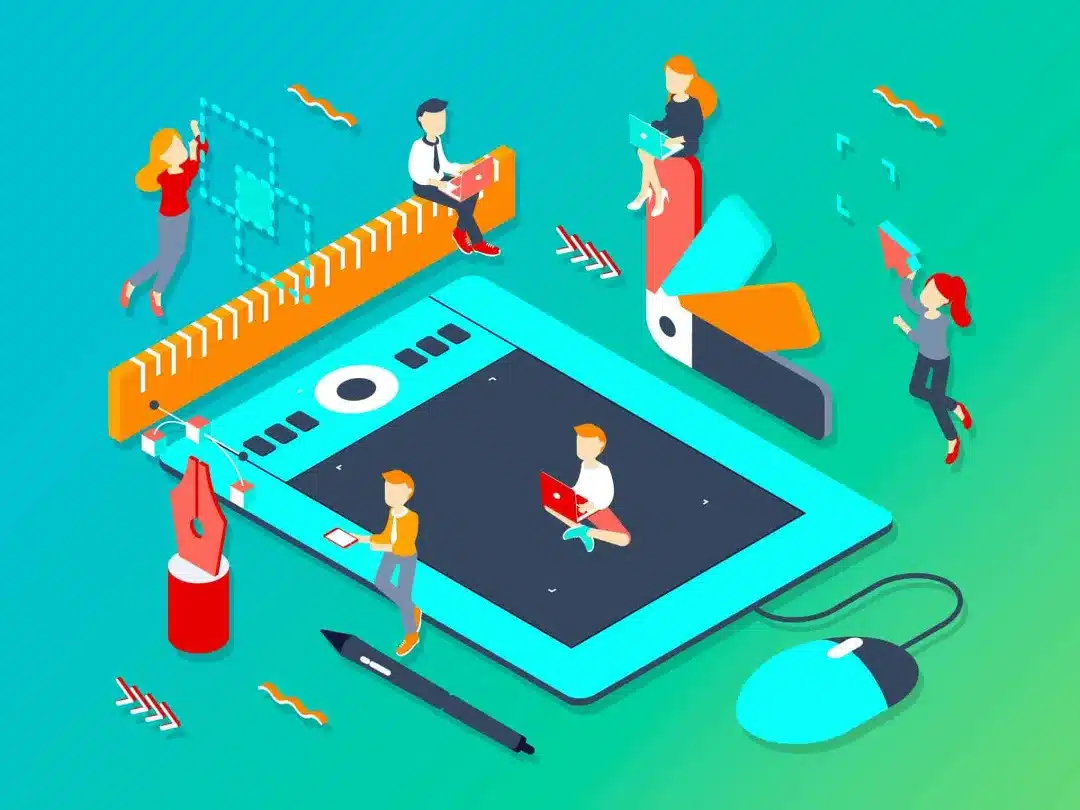 An illustration of people engaging with a large digital tablet, stylus, and ruler, symbolizing creativity in digital design. The vibrant brand colours and a detailed color palette capture the meaning behind colours, enhancing the visual storytelling.