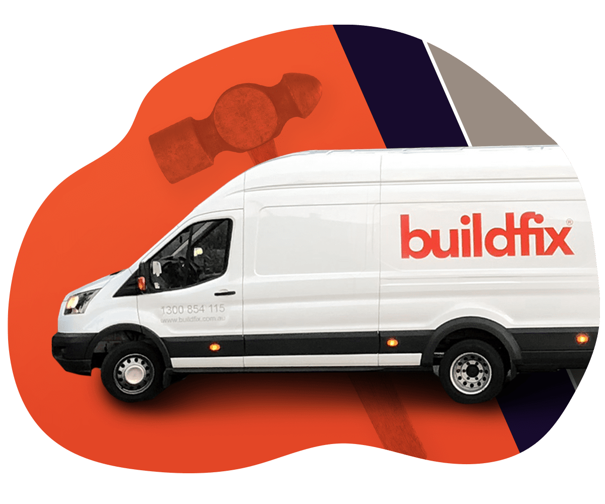 A white van with "Buildfix" branding prominently displayed on the side stands out against an orange and black background, accentuated by the image of a hammer.