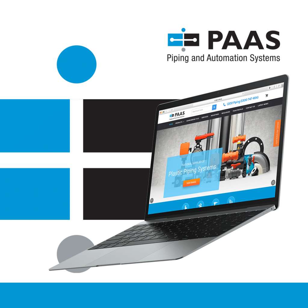 A logo for PAAS, "Piping and Automation Systems," is shown. Below is a laptop displaying the PAAS website, emphasizing its role in Platform as a Service. The background includes blue and black geometric shapes.