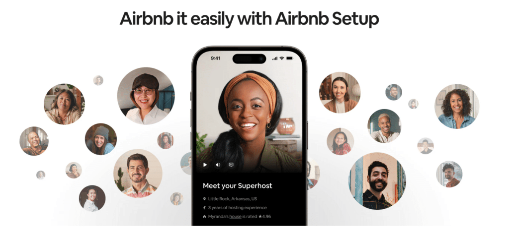 A smartphone showcasing an Airbnb Superhost profile is surrounded by circular images of diverse people. Text above reads, "Airbnb it easily with Airbnb Setup," offering helpful tips to enhance your hosting experience.