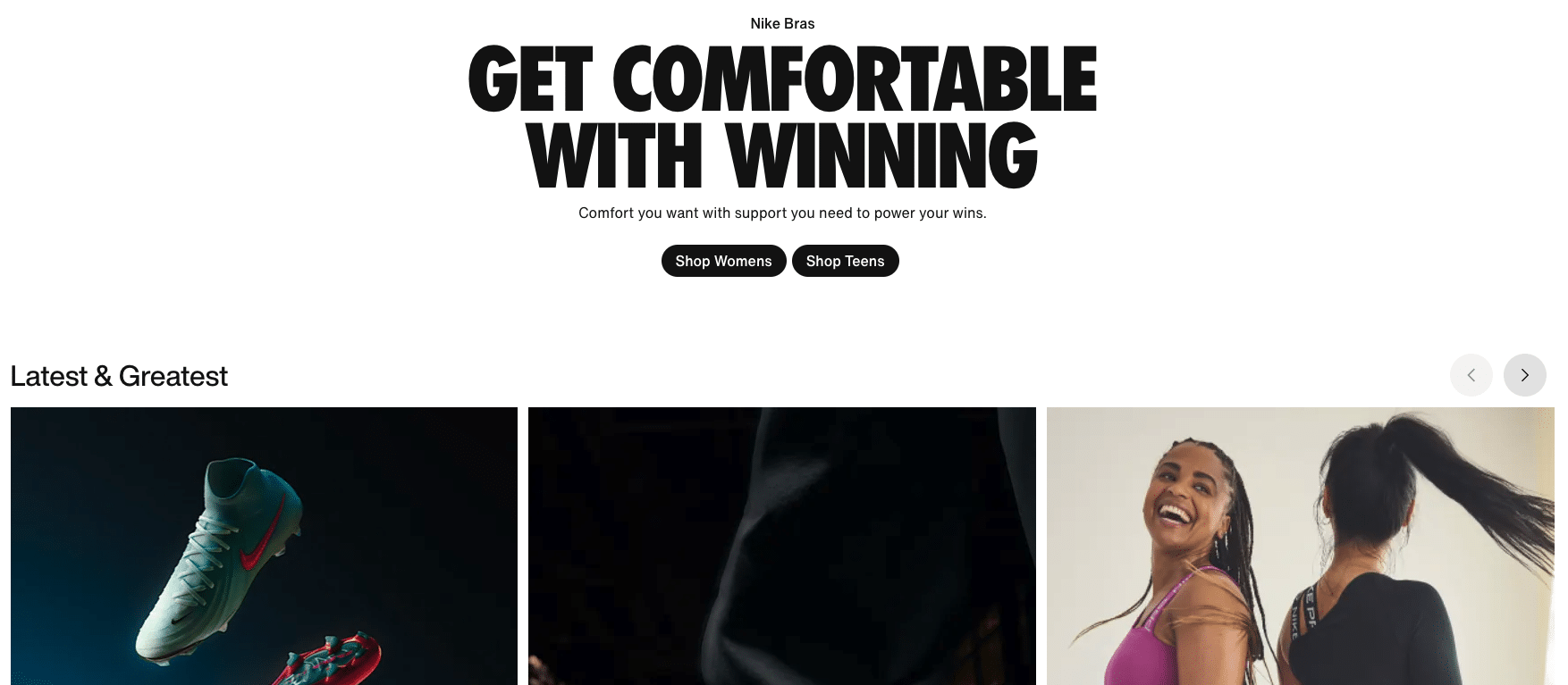 In a striking Nike ad, two women beam in sporty attire, embodying the slogan "Get Comfortable with Winning." The visuals cleverly integrate shoes and fabric, seamlessly enhancing the brand's identity while offering tips on achieving comfort without compromising style.