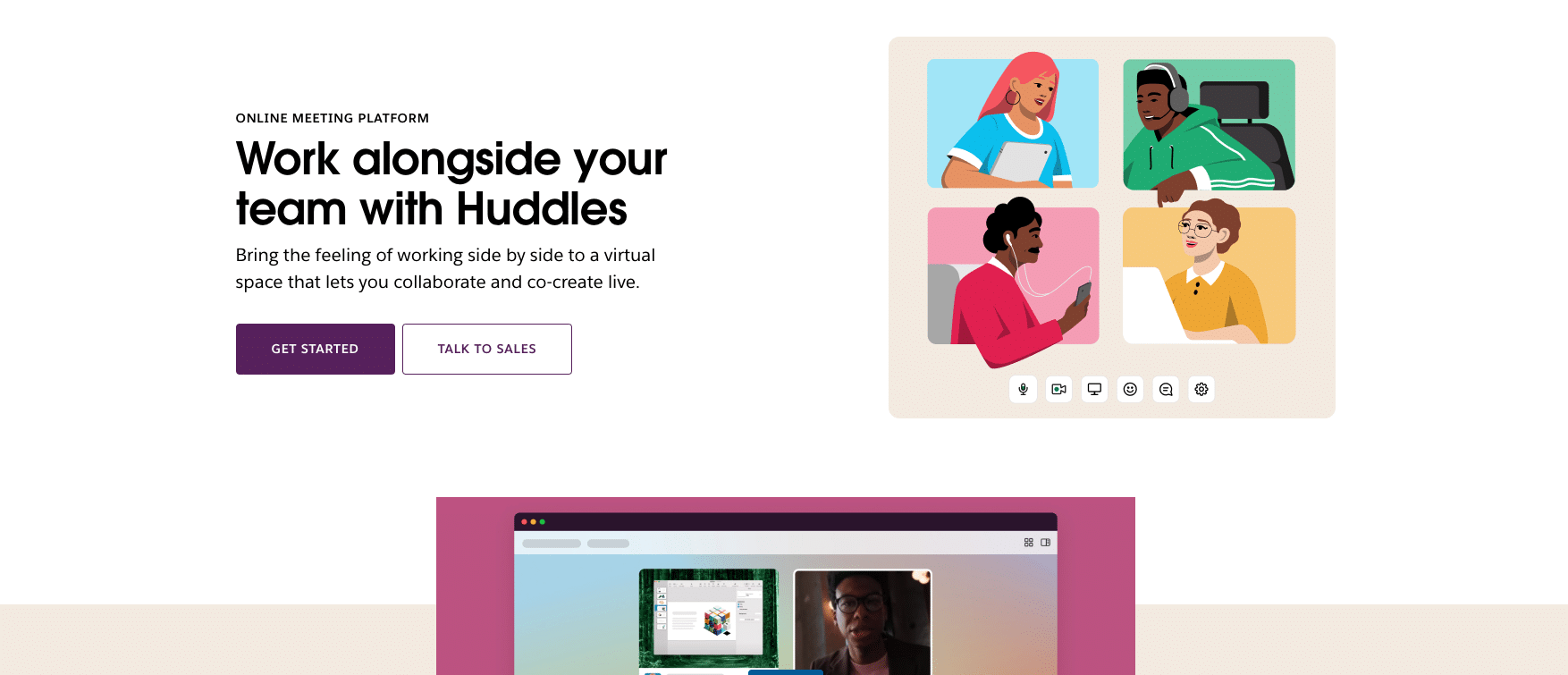 Promotional graphic for an online meeting platform. The design features an illustration of four people on a video call, complemented by a screenshot of a sleek, user-friendly video conference interface below—perfect for enhancing your branding through seamless virtual meetings.