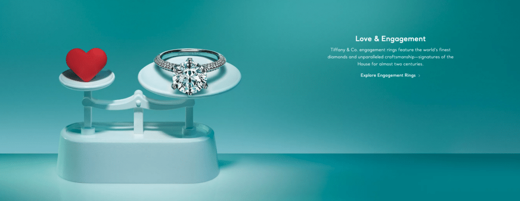 A diamond engagement ring on one side of a scale balanced with a red heart on the other, set against a teal background, offers captivating branding inspiration.