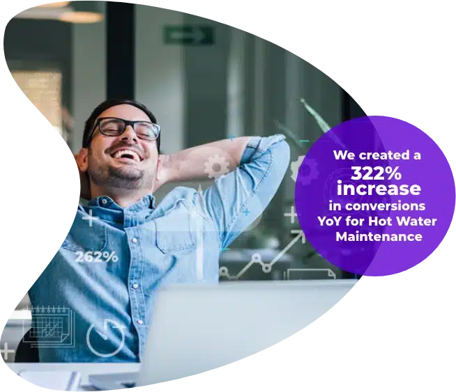 A person in a blue shirt, leaning back and smiling at a desk. Text on the image reads, "Our Google ad agency generated a 322% increase in conversions YoY for Hot Water Maintenance.