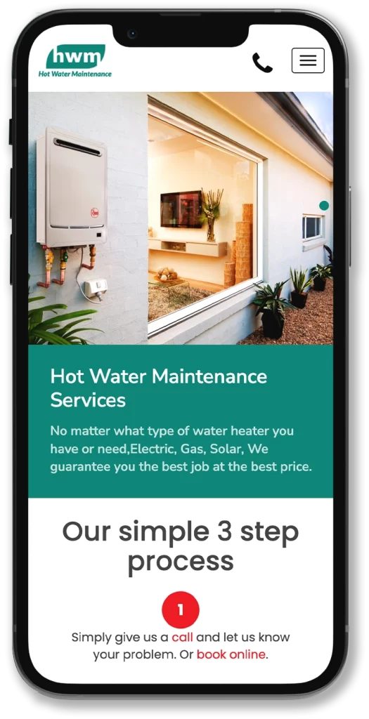 Mobile phone screen displaying a webpage for 'Hot Water Maintenance Services' with a photo of a house exterior and a hot water unit. It describes the services offered and details a simple 3-step process, optimized by Google Ads Agency for maximum visibility.