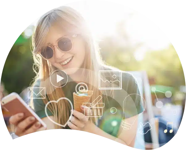 Person wearing sunglasses is smiling while looking at their phone and holding an ice cream cone. Various digital icons, such as email, shopping cart, and social media notifications, are overlaid on the image.
