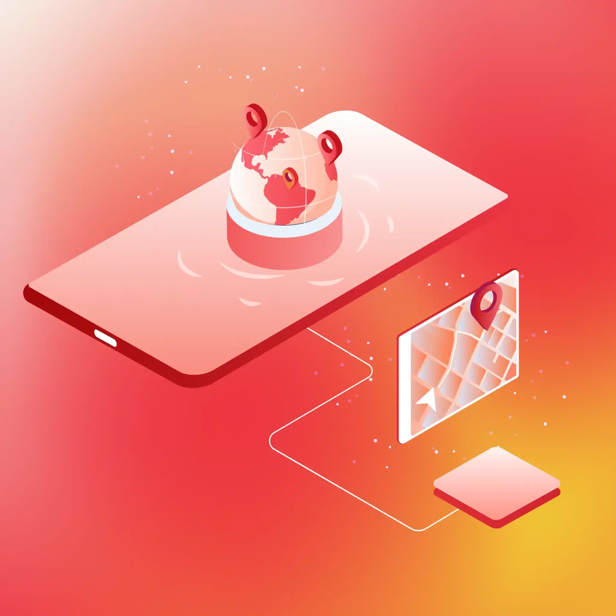 An illustration of a smartphone with a 3D globe and map, both marked with location pins, symbolizing WooCommerce international shipping and global navigation for your WordPress site.