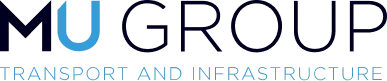Logo of MU Group with "Transport and Infrastructure" written below. The "U" in "MU" is emphasized in blue, while the rest of the text is in black.