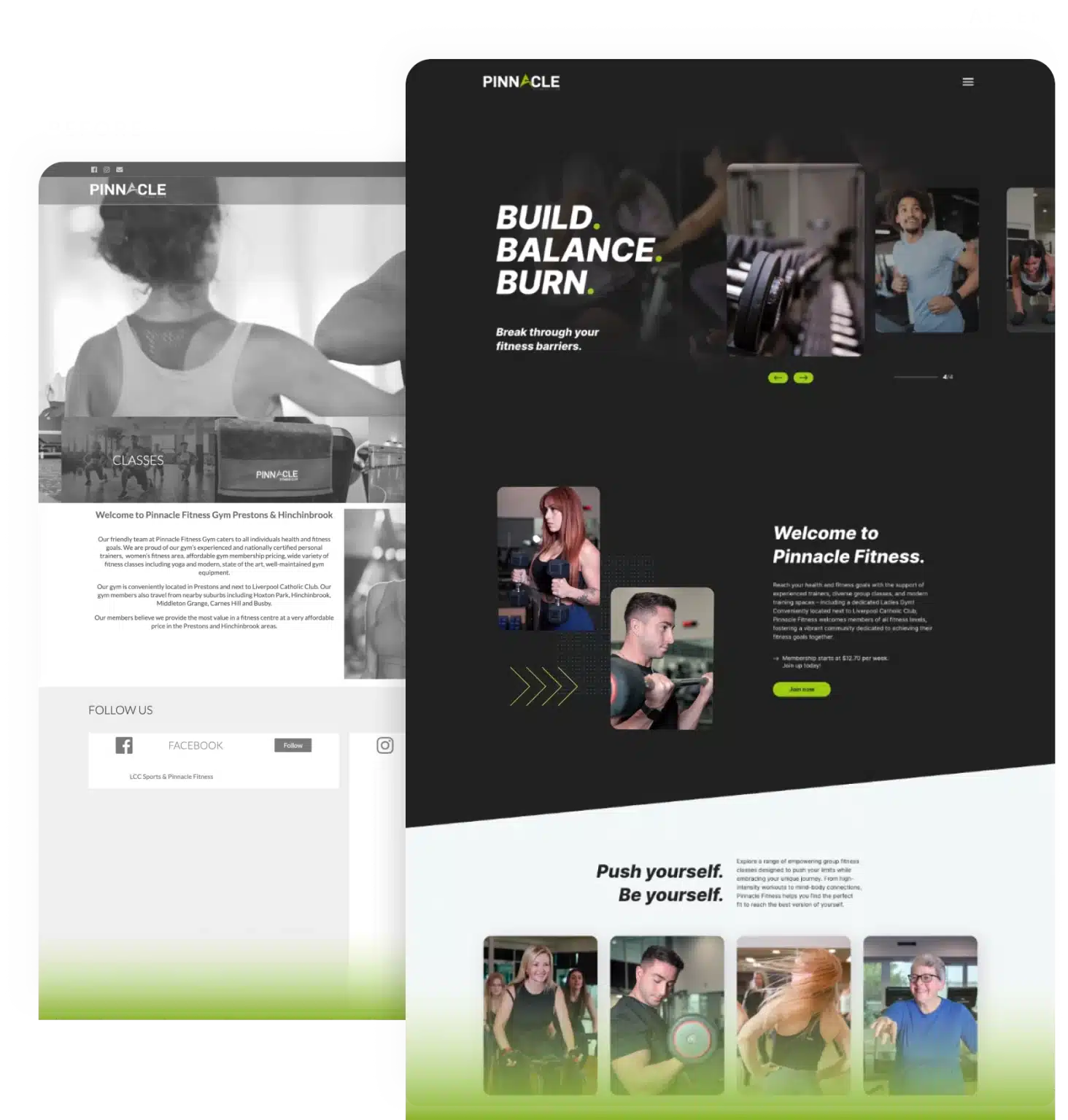 Two web pages depict a fitness website with a focus on high-intensity training. The headings emphasize building strength and balancing fitness routines. Images of people exercising are featured throughout.