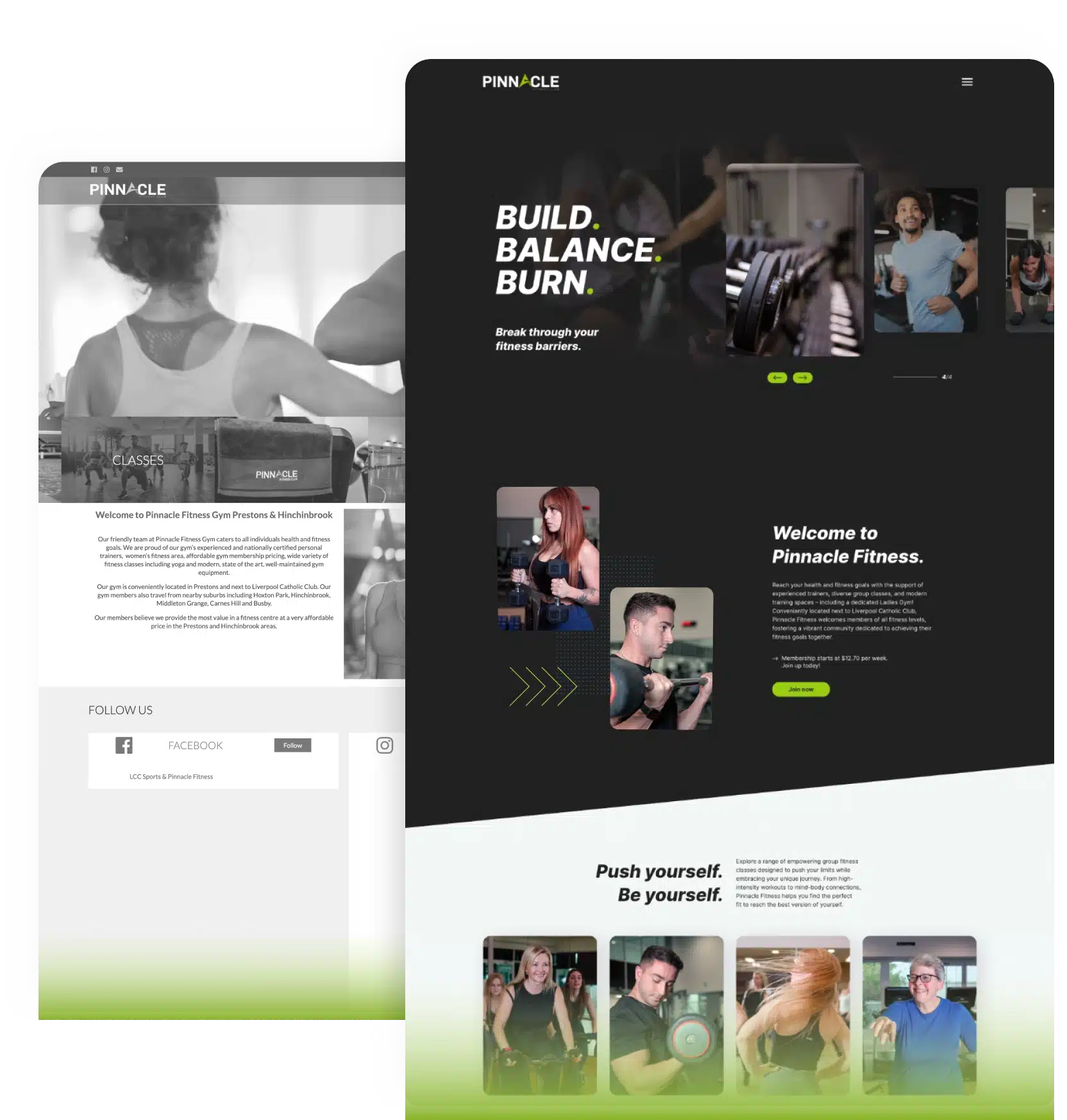 Two web pages depict a fitness website with a focus on high-intensity training. The headings emphasize building strength and balancing fitness routines. Images of people exercising are featured throughout.