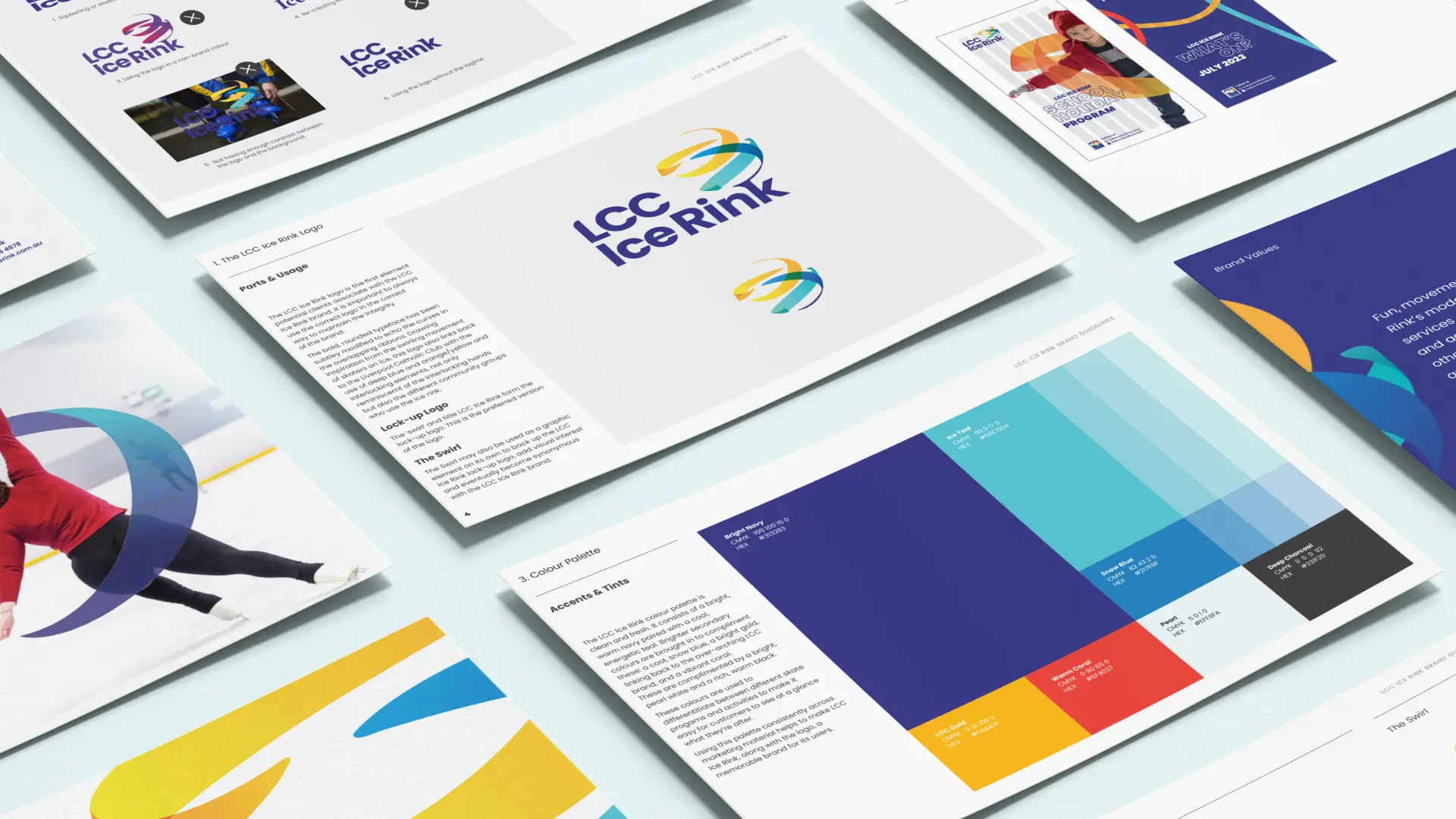 Flat lay of printed marketing materials for LCC Ice Rink, showcasing brand development for small business. The display features branding guidelines, color palettes, and imagery of people skating.