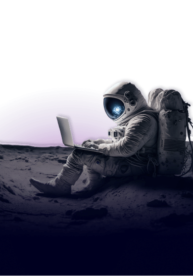 Astronaut in a spacesuit sitting on a moon-like surface using a laptop, with a colorful planetary horizon in the background.