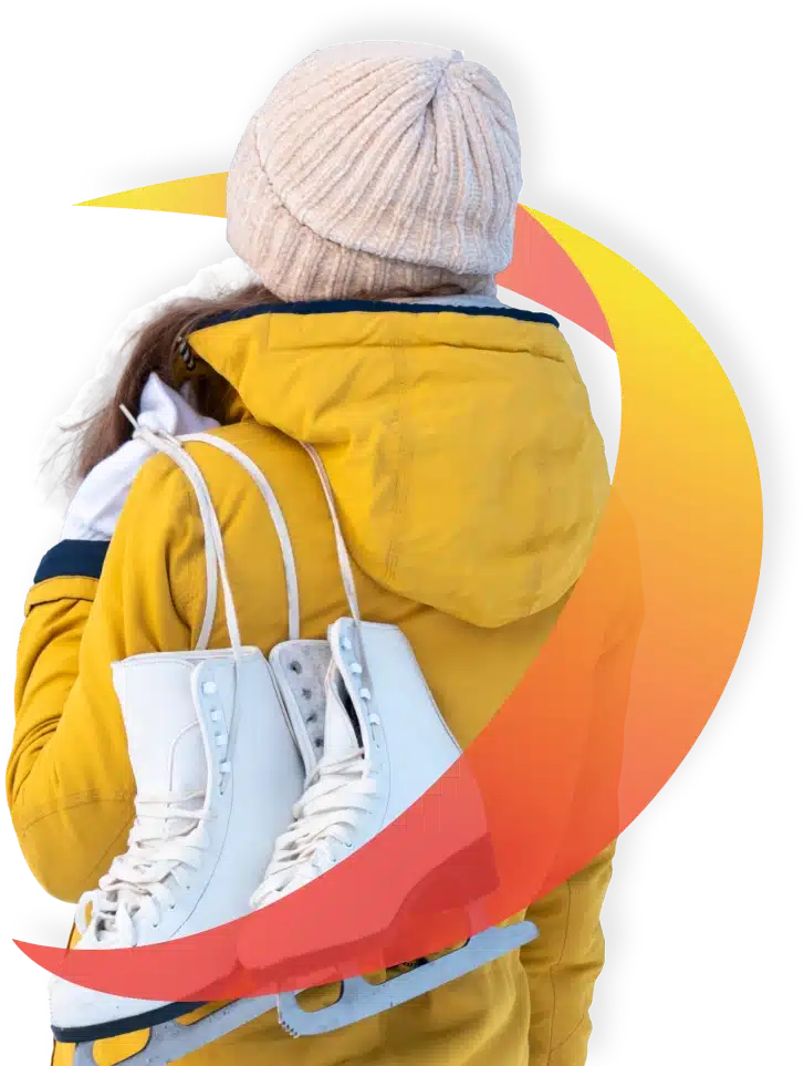 A person in a yellow jacket and beige knit hat is seen from the back, holding white ice skates over their shoulder. Colorful curved lines in the background hint at an exciting day at the LCC ice rink.