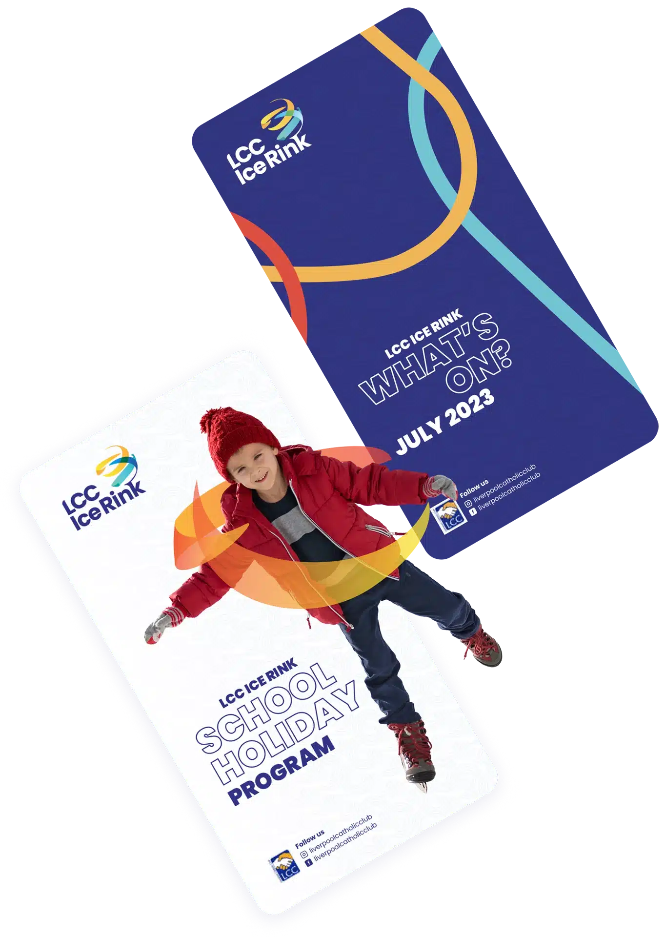 A child in a red coat and beanie ice skating, with the LCC Ice Rink's July 2023 School Holiday Program text in the background.