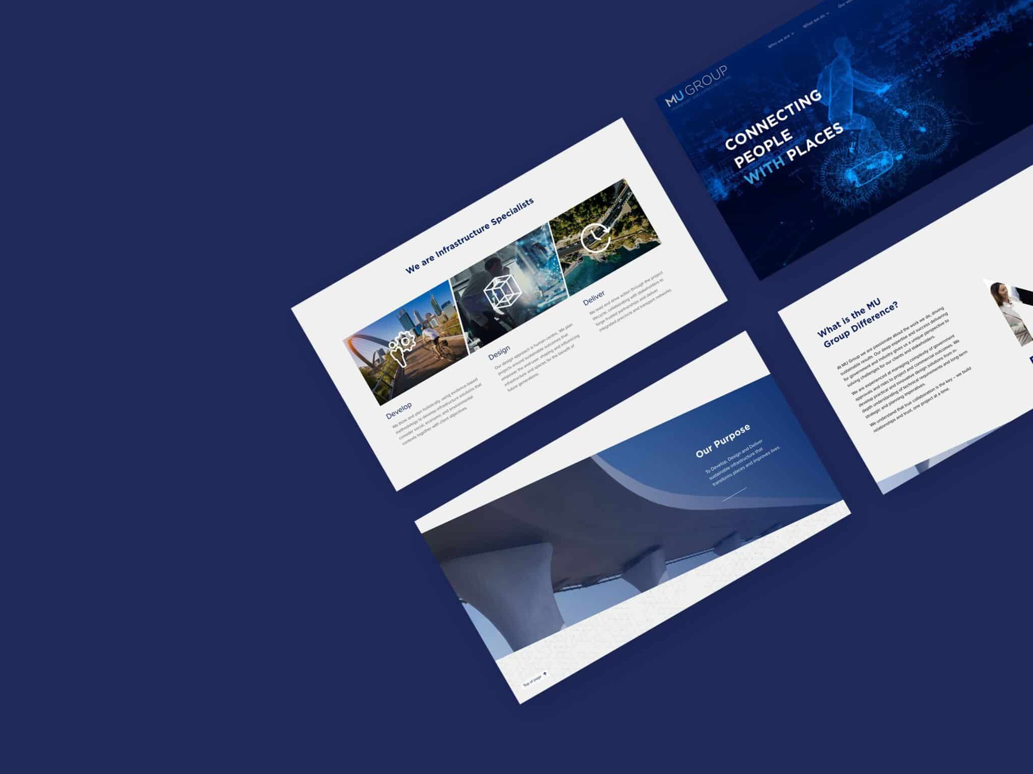 A layout of a website on a blue background features sections for services, an image of a bridge, and the text "Connecting People with Places" by MU Group.