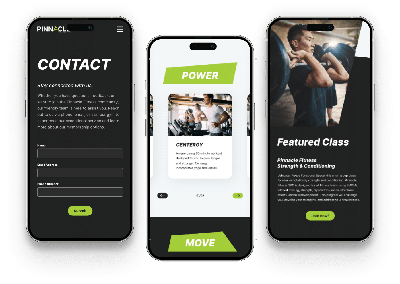 Three smartphone screens display a fitness app. The screens showcase contact information, a pinnacle power workout section, and a featured class description.