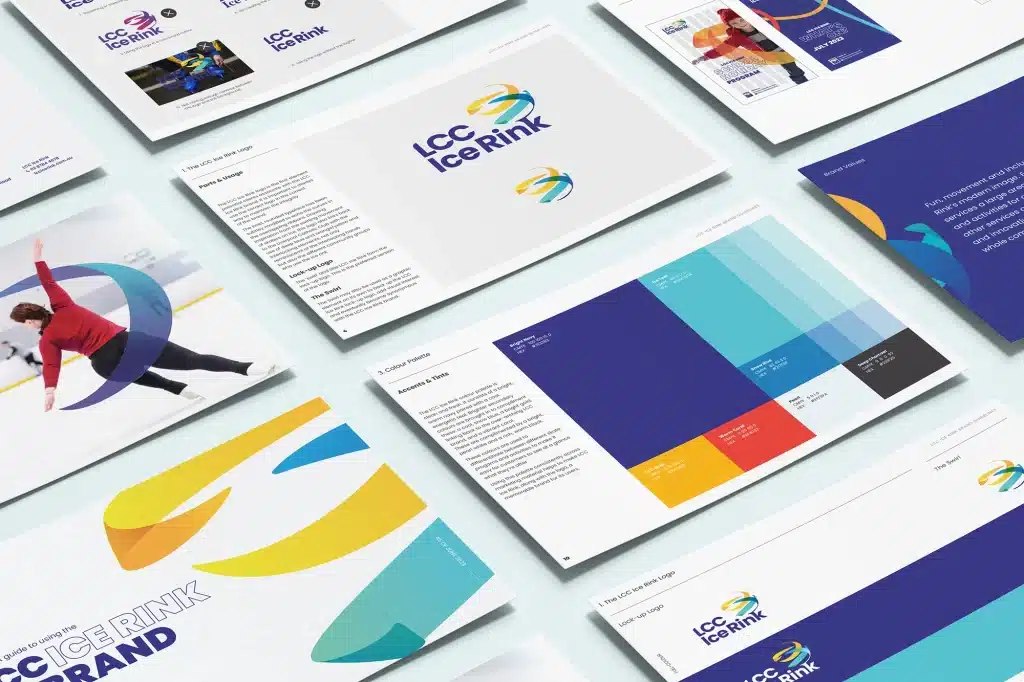 Various printed marketing materials for "LCC Ice Rink" are displayed on a flat surface, featuring vibrant color guides, intricate logo designs, and comprehensive brand information.