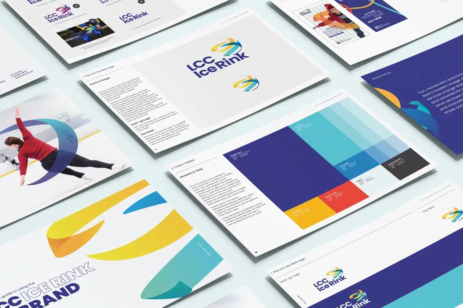 Various printed marketing materials for "LCC Ice Rink" are displayed on a flat surface, featuring vibrant color guides, intricate logo designs, and comprehensive brand information.