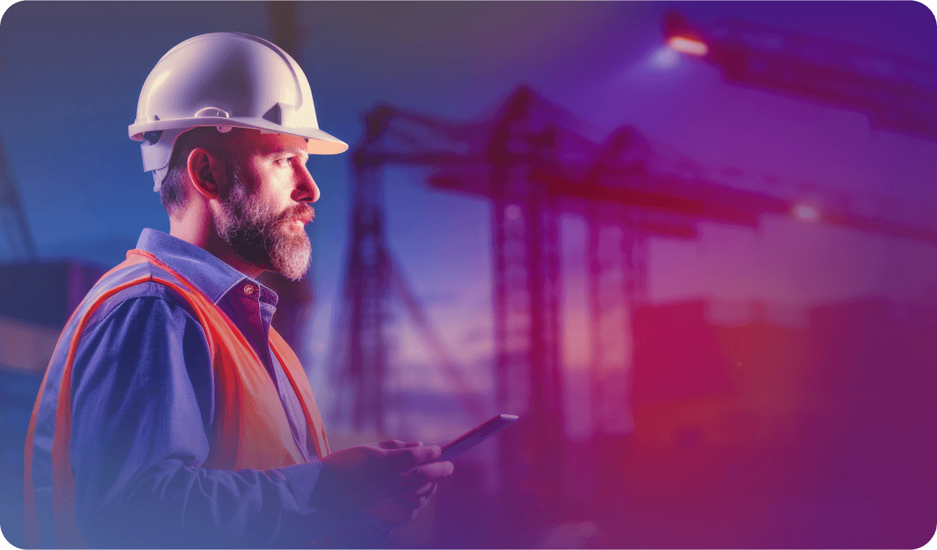 Construction worker in a hard hat and reflective vest using a smartphone at a construction site during twilight.