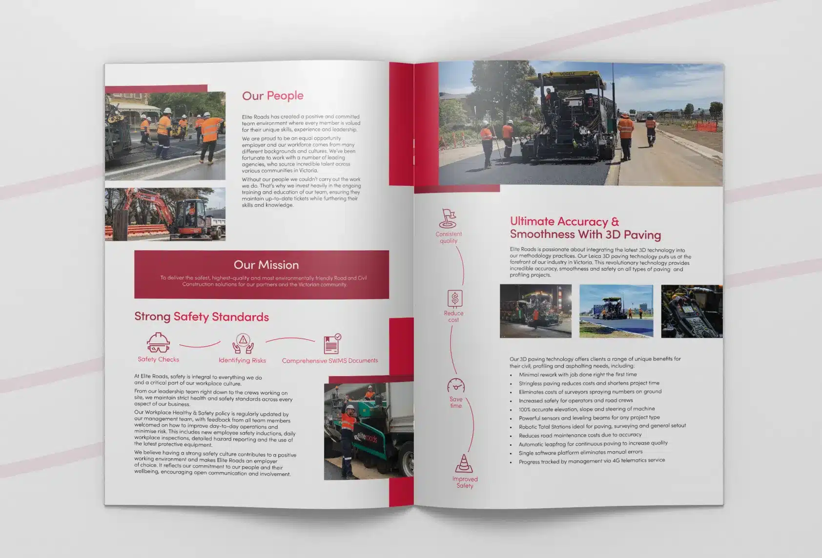 Open brochure featuring text and images related to a construction company, including workers using paving equipment and safety practices highlighted.