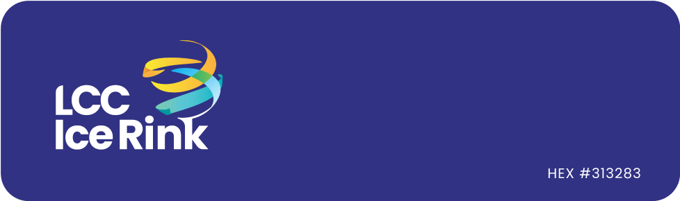 Banner with "LCC Ice Rink" text and a colorful ribbon logo on a dark blue background with the HEX color code #313283 in the bottom right corner.