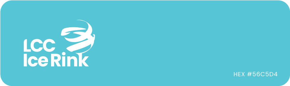 A teal graphic with the text "LCC Ice Rink" accompanied by a logo of a stylized ice skater. The color's hex code is #56C5D4.