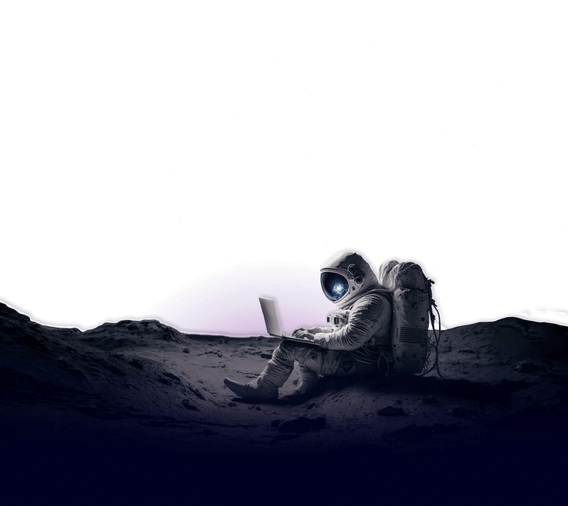 Astronaut seated on the moon's surface, working on a laptop with earth visible in the background.