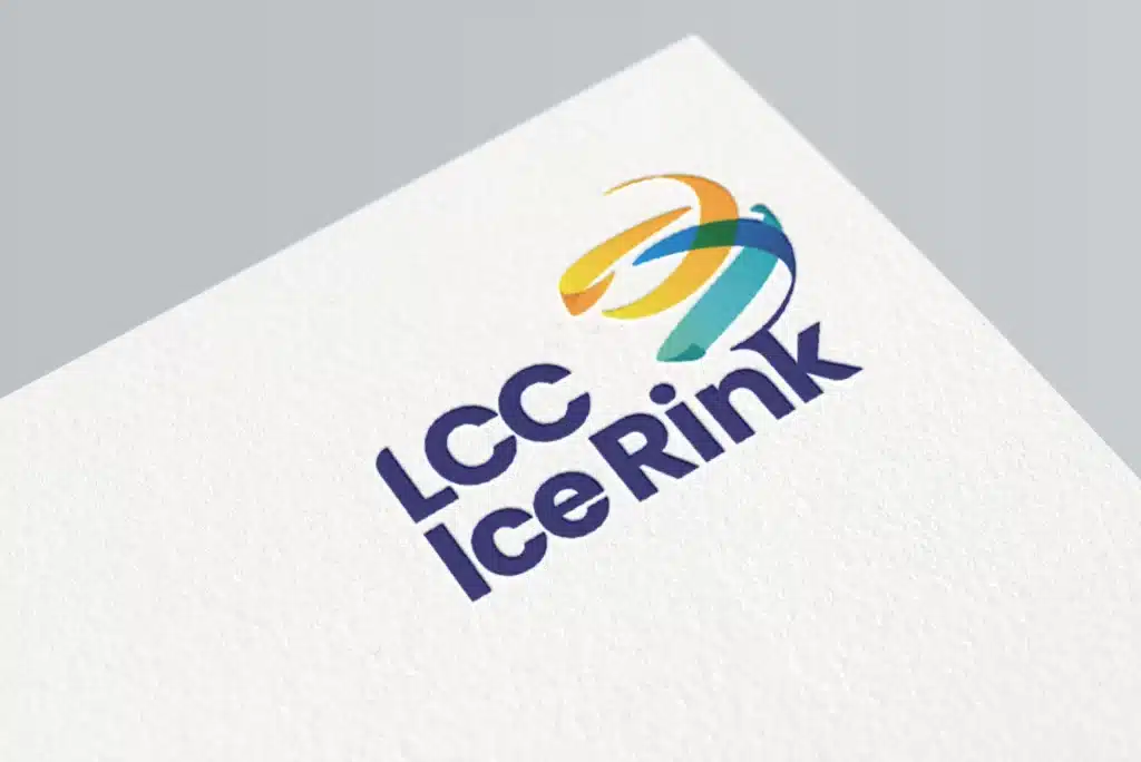 The image shows the "LCC Ice Rink" logo, featuring stylized, colorful swooshes next to the text on a white, textured background.