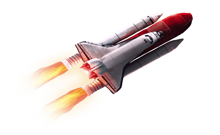 Illustration of a space shuttle in flight with fiery orange flames and smoke blasting from its engines, set against a transparent background.