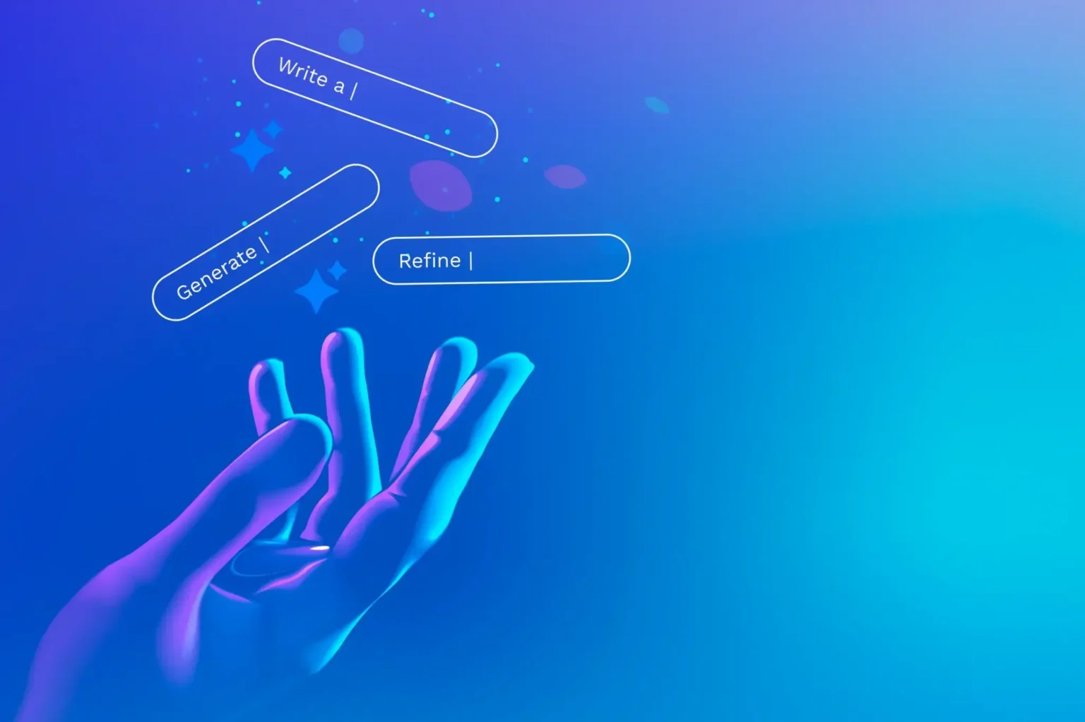 A digital illustration of an outstretched hand with three floating buttons labeled "Generate|", "Write a|", and "Refine|" set against a blue gradient background.