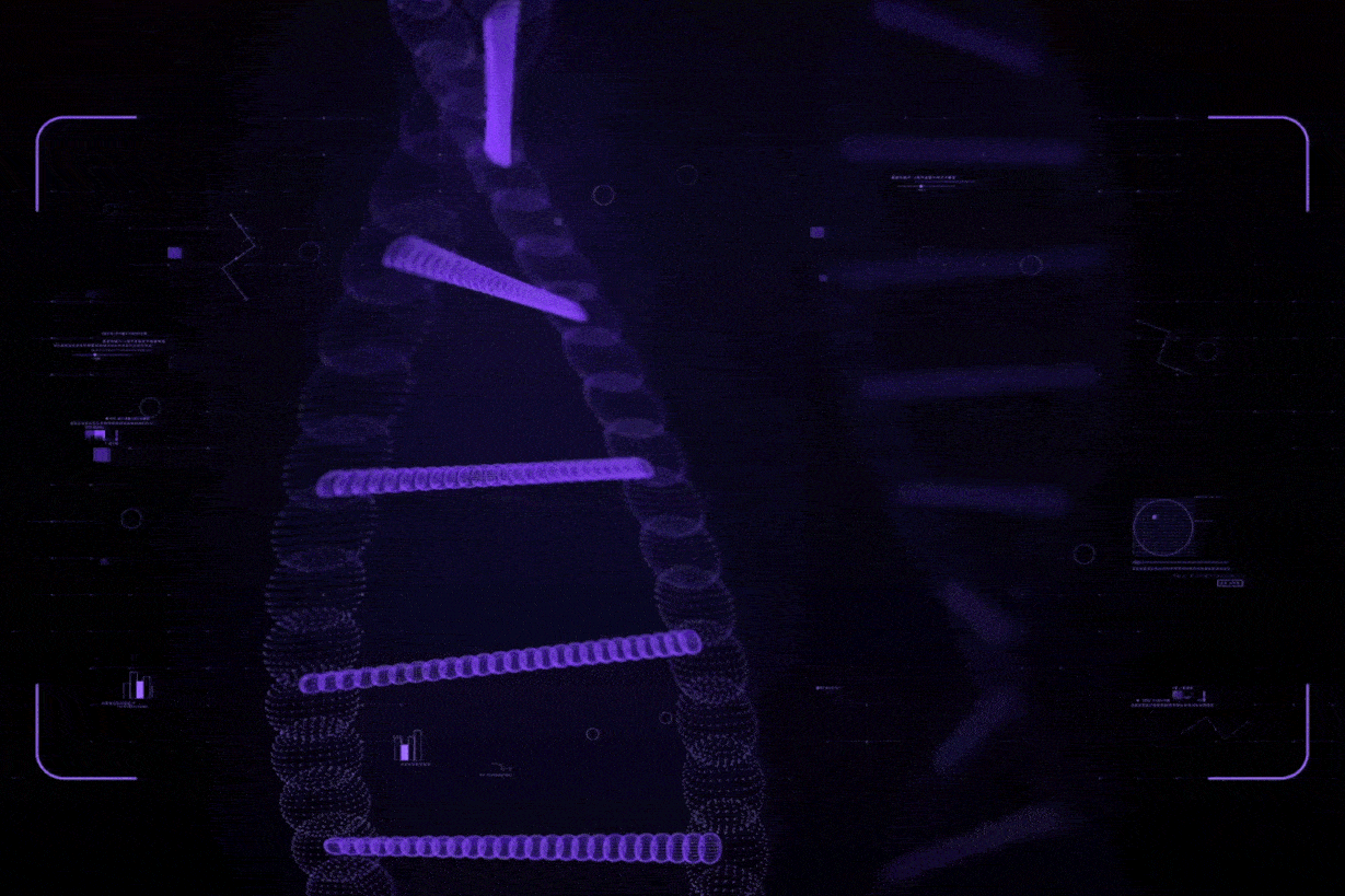 A digitally rendered image of a DNA double helix in purple on a dark background, with various graphical elements and data points surrounding it.
