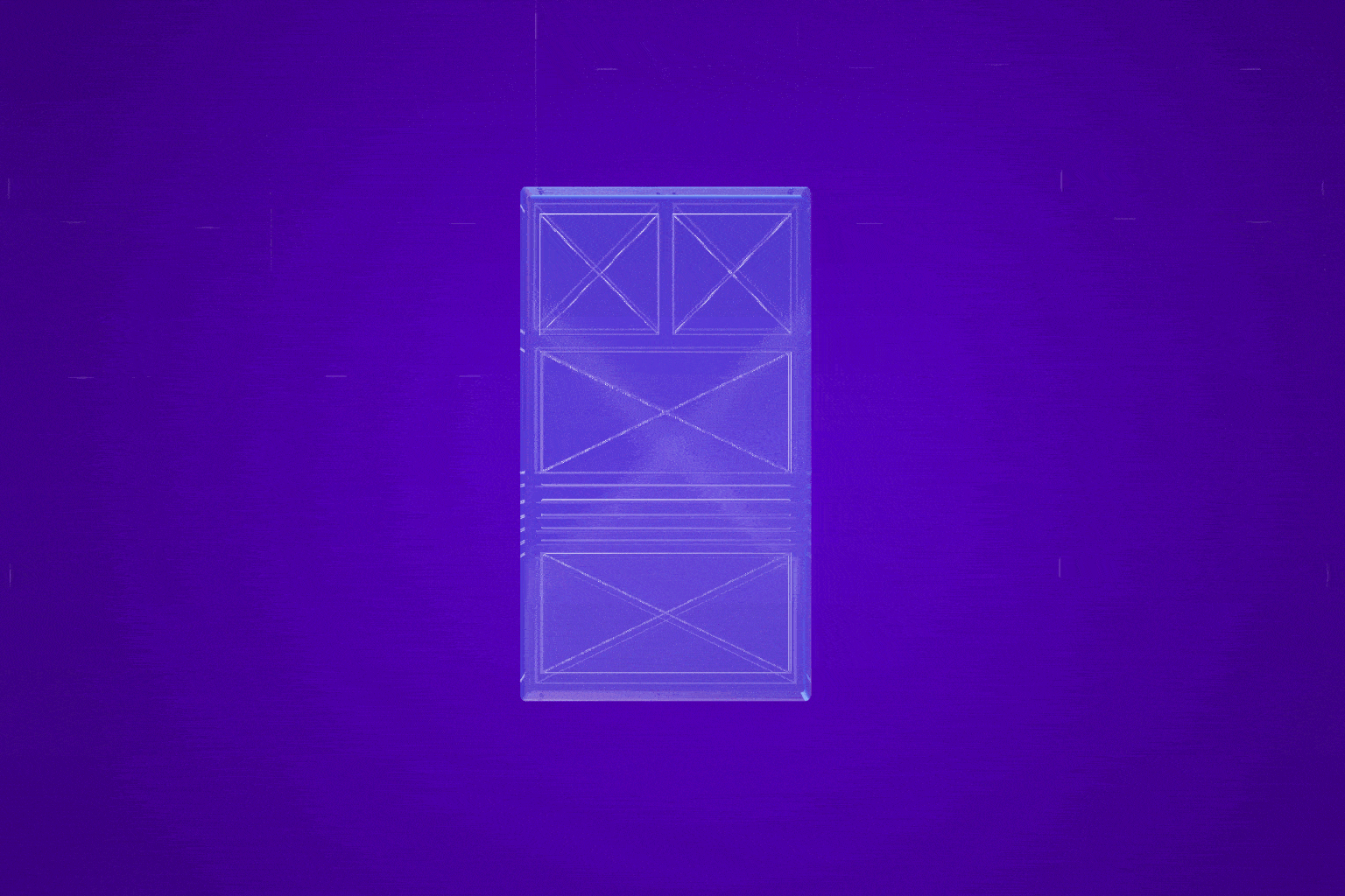 A transparent, rectangular object with a geometric pattern composed of intersecting lines and triangles, centered against a solid blue background.