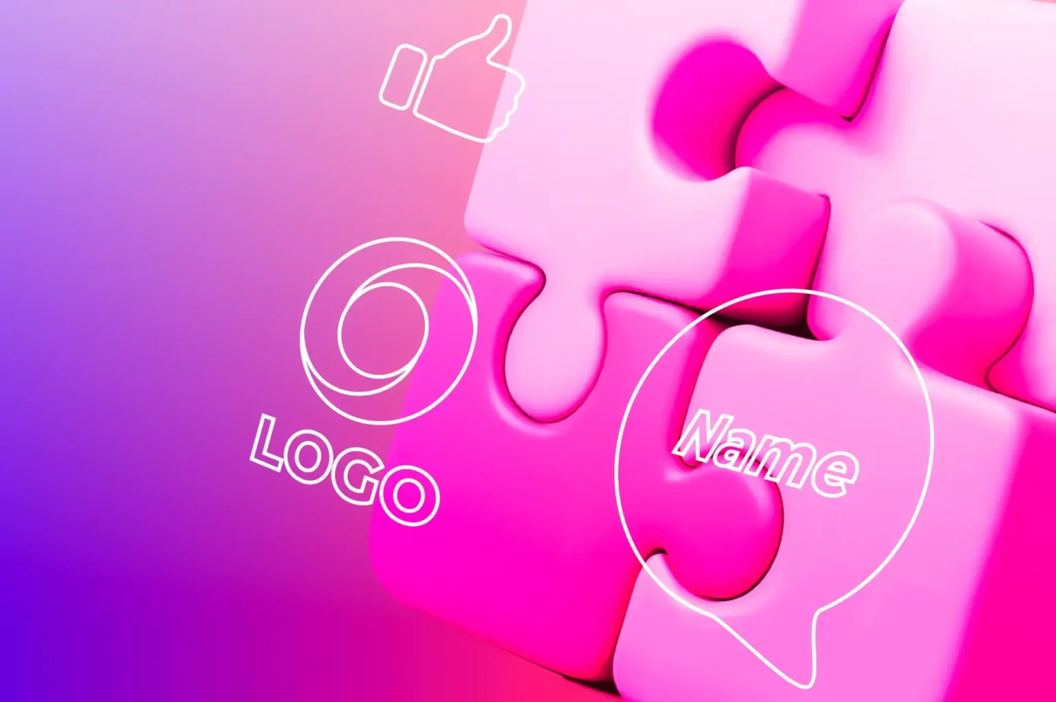 Four pink puzzle pieces with outlined icons: a thumbs-up, the word "LOGO" with a circular design, and the word "Name" inside a speech bubble, against a gradient purple and pink background.