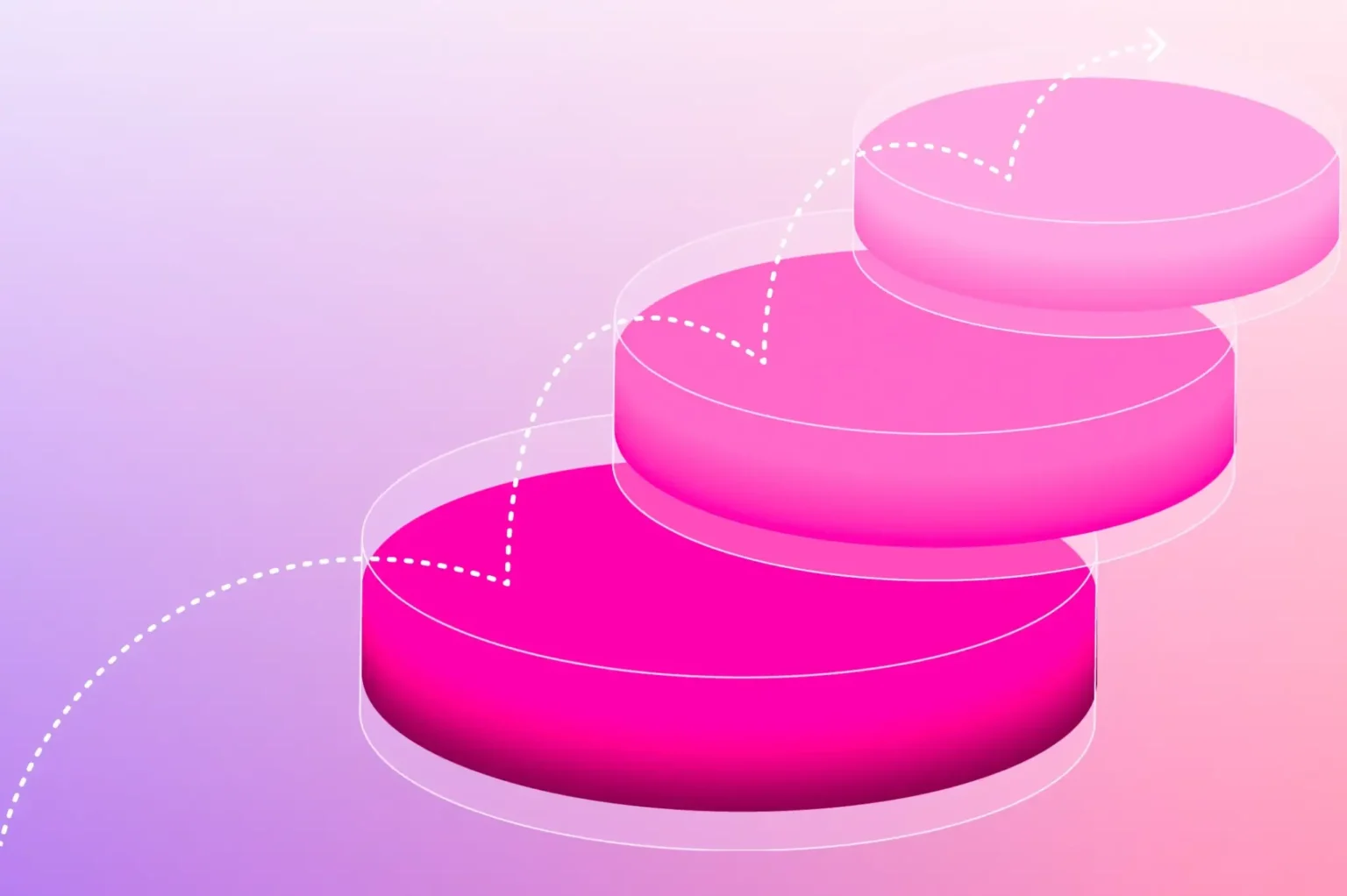 Image featuring three pink cylindrical platforms arranged in a stair-like formation with dotted arrows indicating upward progression against a gradient purple background.