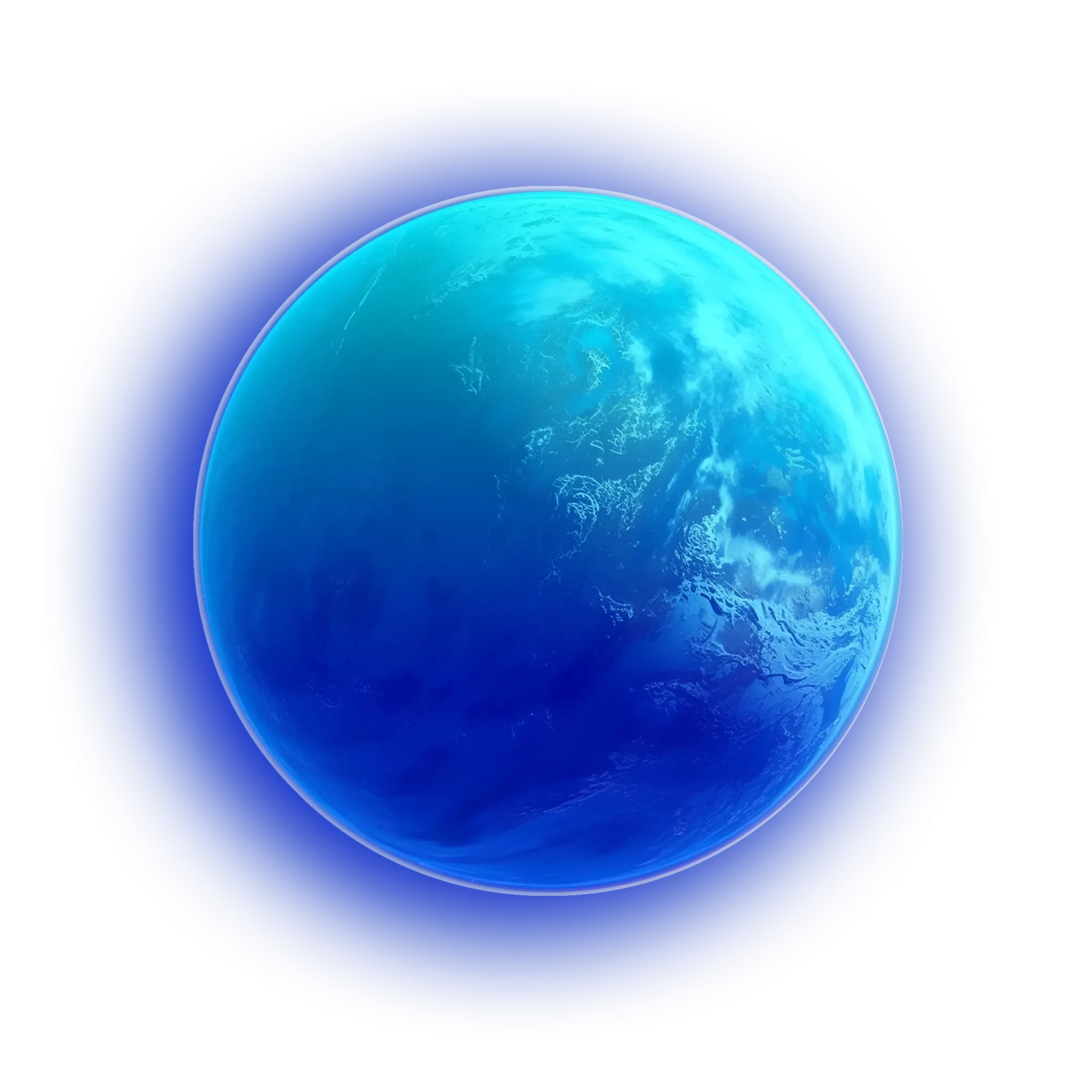A digitally-rendered image of a blue planet with swirling cloud patterns, surrounded by a vibrant blue aura, set against a black background.