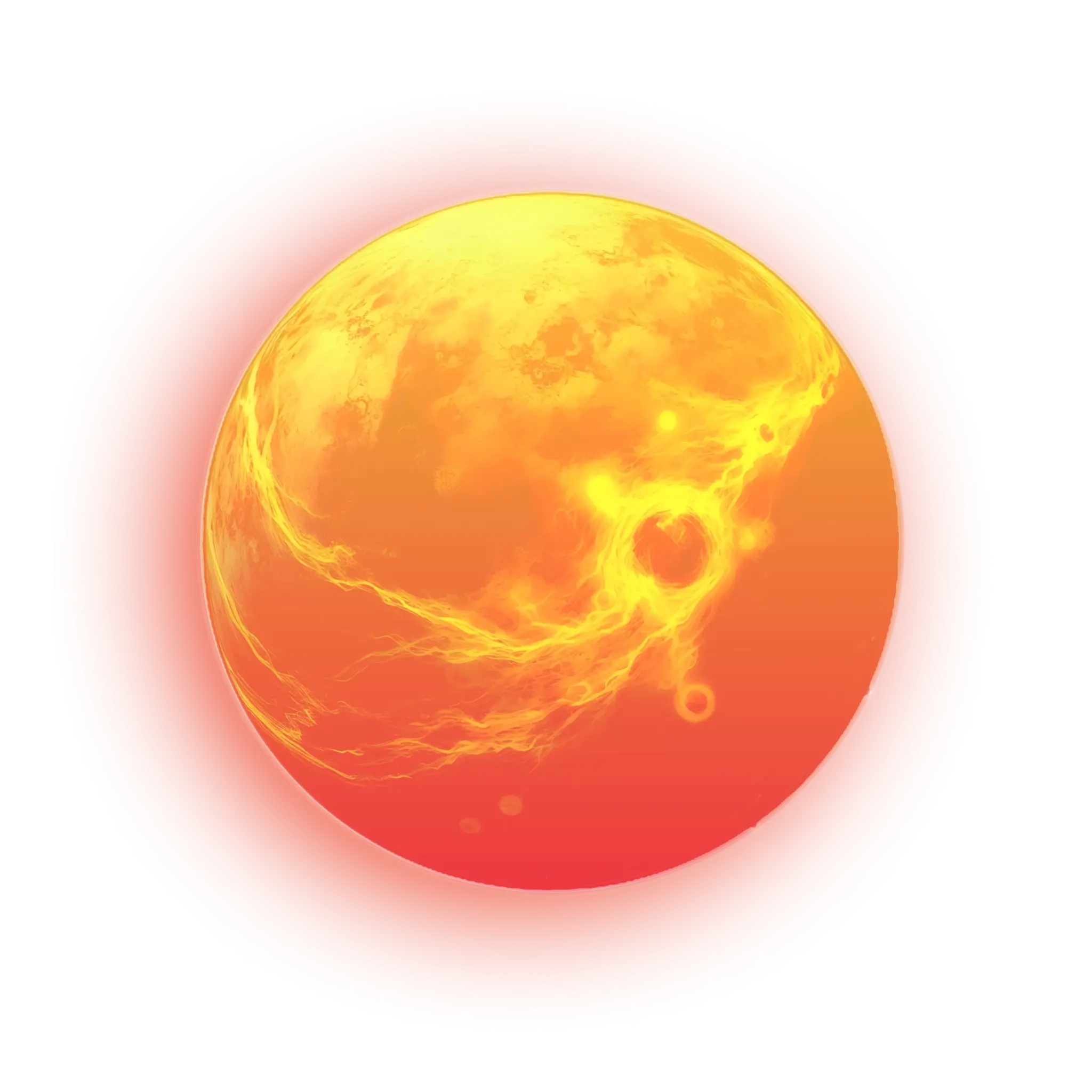 Image of a glowing celestial body resembling a fiery sun with swirling yellow and orange patterns, surrounded by a halo of red and orange light.