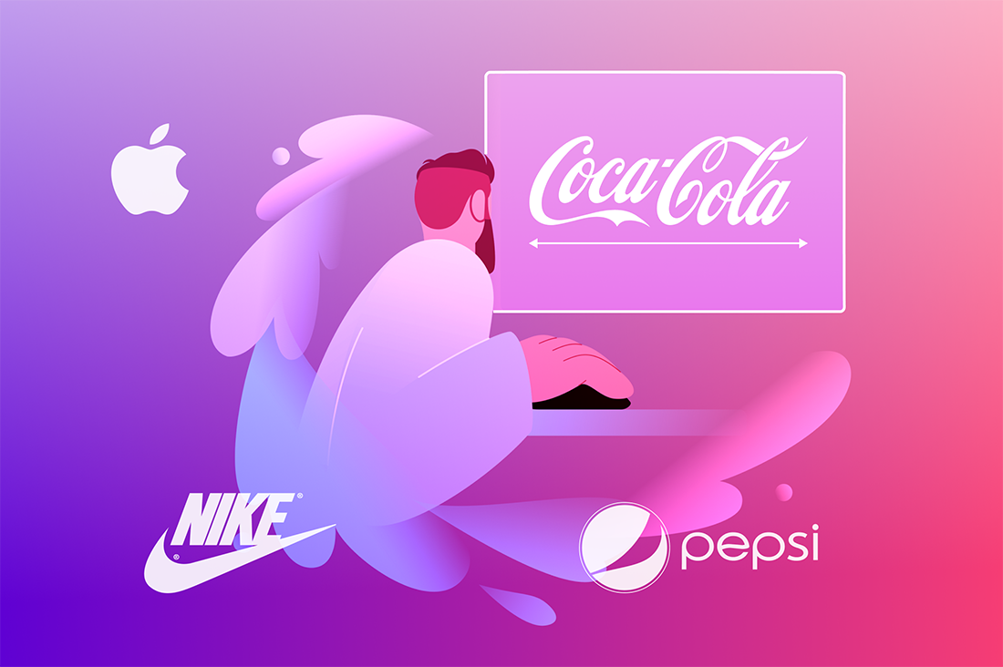Illustration of a person working on a computer, surrounded by logos of Apple, Nike, Coca-Cola, and Pepsi on a colorful gradient background, subtly hinting at the power of AI prompts in modern design.