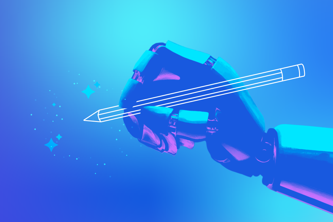 A robotic hand holding a pencil, surrounded by sparkling stars, against a blue gradient background—perfect for a blog design template.