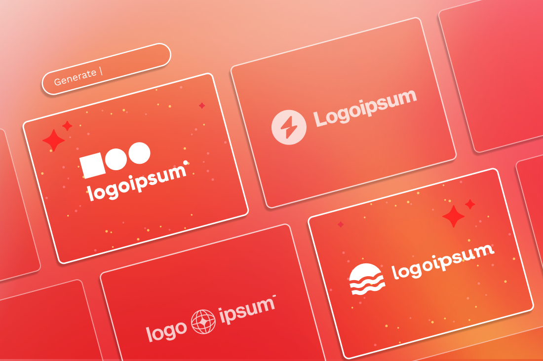 A grid of red logo design templates displayed on a screen, featuring the text “logoipsum” in various styles and symbols, highlighted by a “Generate!” button on the top left corner. These templates are inspired by AI prompts to provide diverse and creative options.
