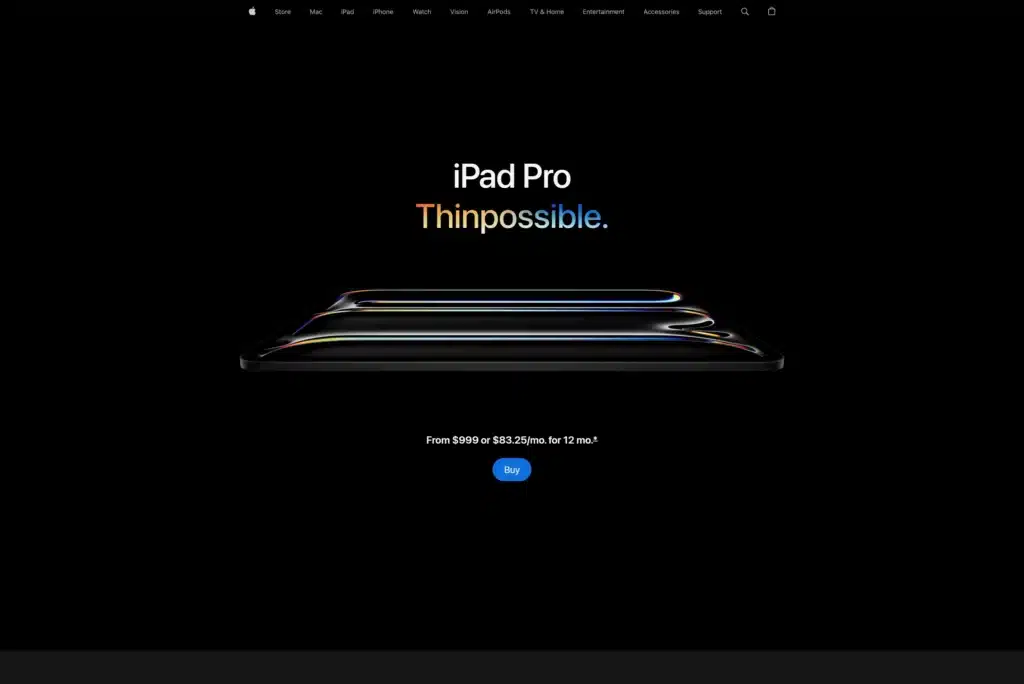 A black background displays the iPad Pro with the tagline "Thinpossible" above it. Text below indicates pricing from $999 or $83.25/month for 12 months, with a blue "Buy" button and AI prompts to enhance your decision-making.