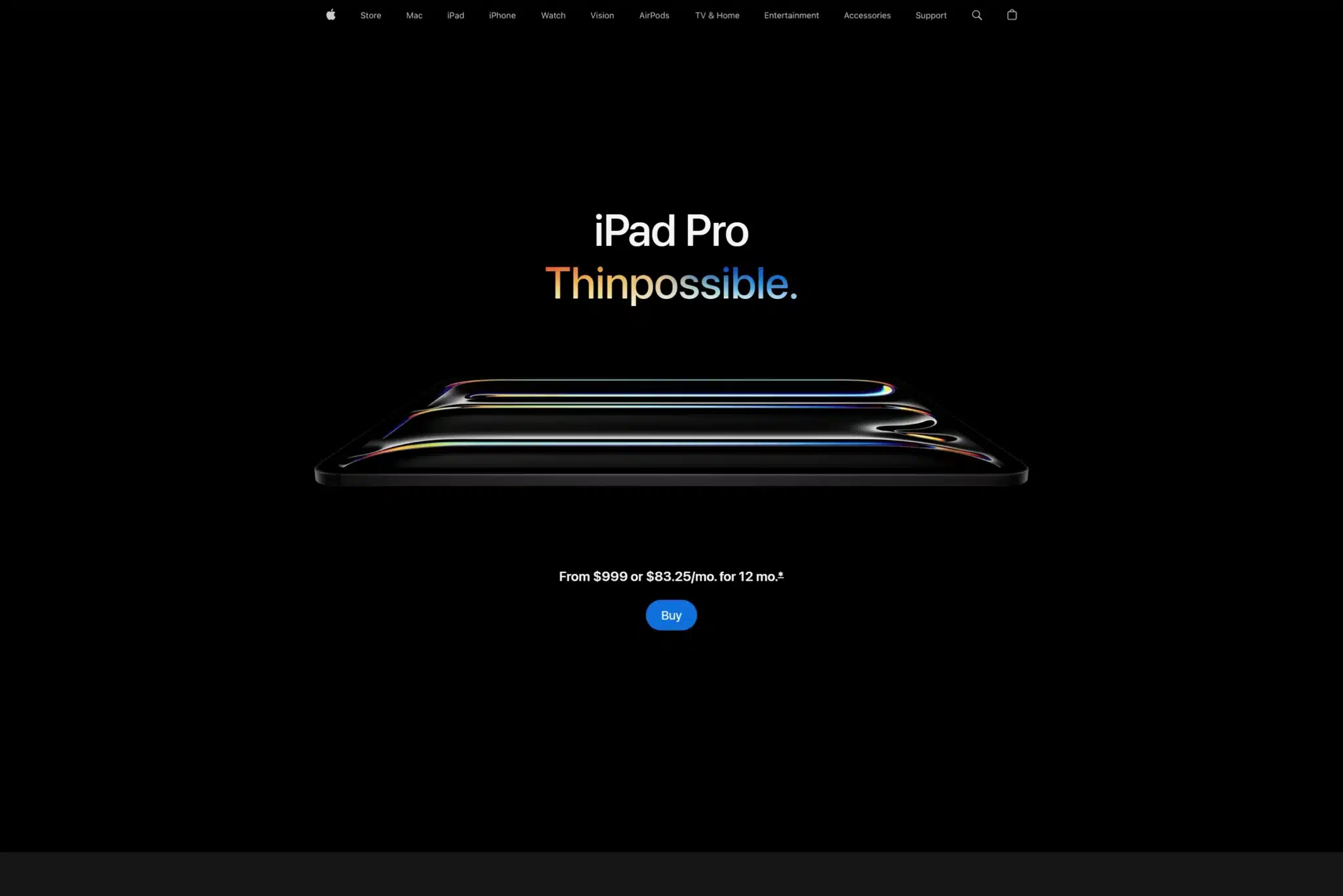 A black background displays the iPad Pro with the tagline "Thinpossible" above it. Text below indicates pricing from $999 or $83.25/month for 12 months, with a blue "Buy" button and AI prompts to enhance your decision-making.