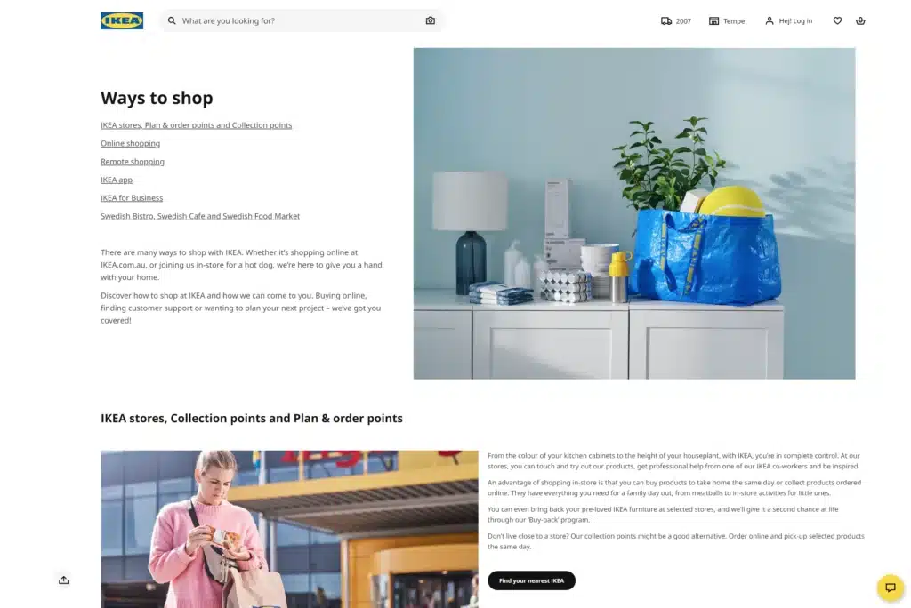IKEA webpage explaining various shopping methods, featuring sections on online shopping, IKEA App, and deliveries. Image includes a blue bag on a white cabinet with décor and a person holding IKEA bags. Discover how AI prompts in the app can simplify your shopping experience!