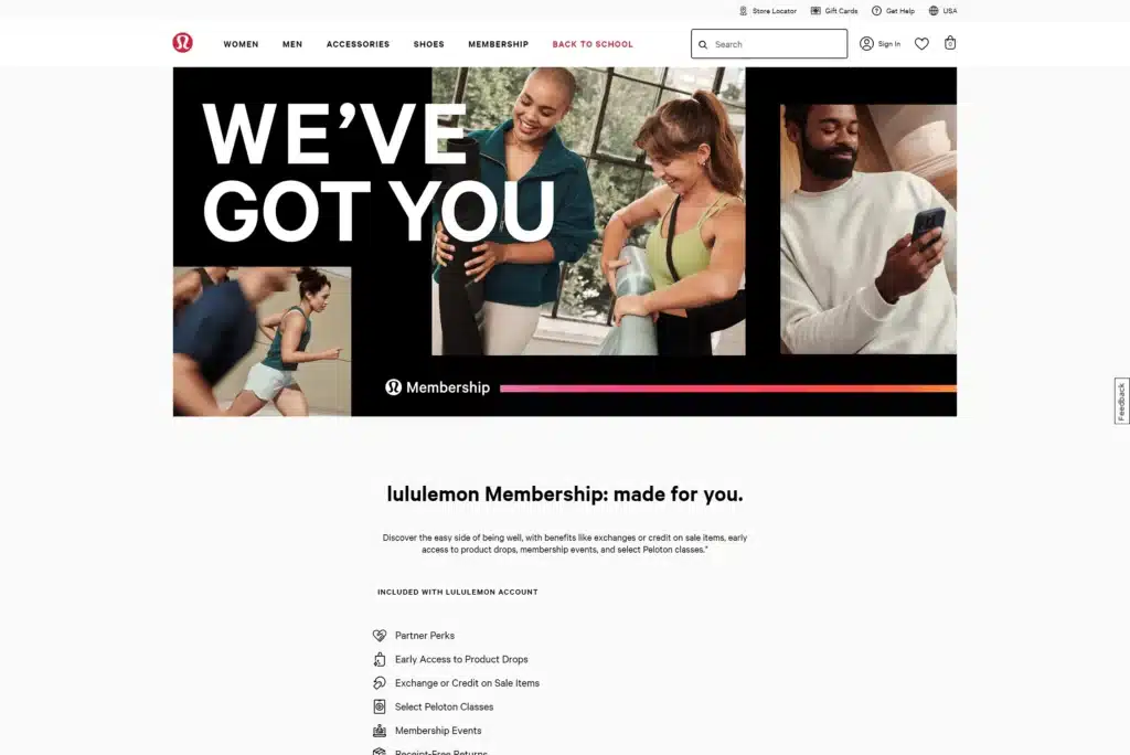 Screenshot of Lululemon Membership page showcasing a banner with diverse individuals exercising. The text says "WE'VE GOT YOU." Membership benefits include early access to products, workout sessions, and personalized AI prompts for your fitness journey.