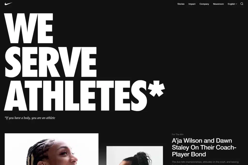 A bold text reads "We Serve Athletes*" against a black background, with a subtext, "if you have a body, you are an athlete". Below, enhanced by AI Prompts, there is an article titled "A'ja Wilson and Dawn Staley On Their Coach-Player Bond".