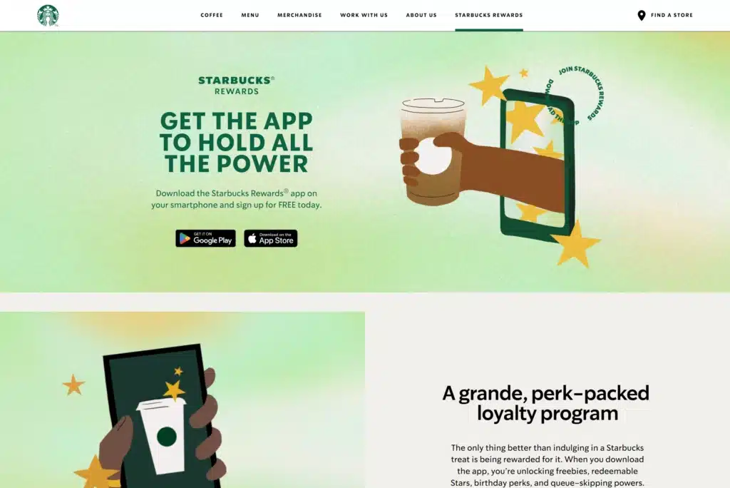 A webpage advertising the Starbucks Rewards app, featuring an image of a hand holding a smartphone displaying the app and a hand holding a Starbucks drink. App download options and AI prompts for ordering are visible, enhancing your coffee experience like never before.